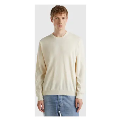 Benetton, Pull Col Rond Couleur Crème En Pure Laine Mérinos, size XL, Crème, Homme