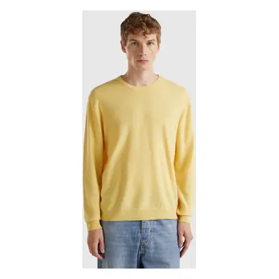 Benetton, Pull Col Rond Jaune En Pure Laine Mérinos, size XS, Jaune, Homme