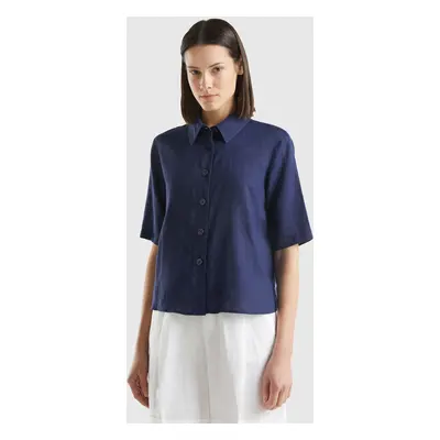 Benetton, Chemise Courte En Pur Lin, size XXS, Bleu Foncé, Femme