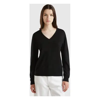 Benetton, Pull À Col En V En Pure Laine Mérinos, size XS, Noir, Femme