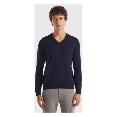 Benetton, Pull Bleu Nuit À Col En V En Pure Laine Mérinos, size XS, Bleu Foncé, Homme