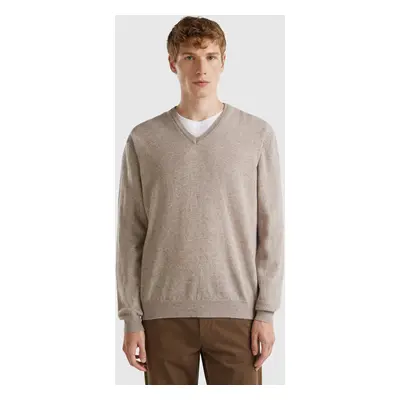 Benetton, Pull Gris Tourterelle Col En V En Pure Laine Mérinos, size XS, Tourterelle, Homme