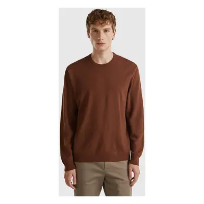 Benetton, Pull Col Rond Couleur Café En Pure Laine Mérinos, size XS, Marron, Homme