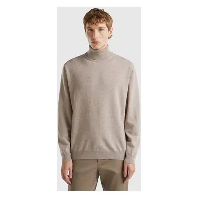 Benetton, Pull Gris Tourterelle Col Roulé En Pure Laine Mérinos, size XS, Tourterelle, Homme