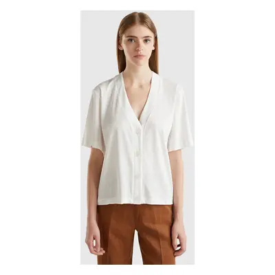 Benetton, T-shirt Style Cardigan En Lin Mélangé, size XS, Crème, Femme