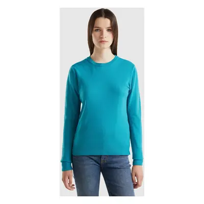 Benetton, Pull Col Rond Turquoise En Pure Laine Mérinos, size XS, Turquoise, Femme