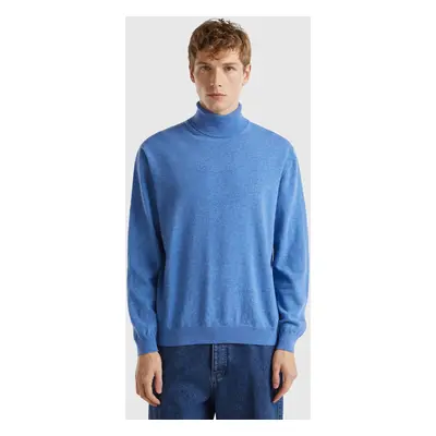 Benetton, Pull Col Montant Bleu Effet Chiné En Pure Laine Mérinos, size XS, Bleu, Homme