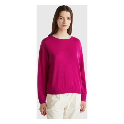 Benetton, Pull À Encolure Bateau En Pure Laine Mérinos, size XS, Cyclamen, Femme