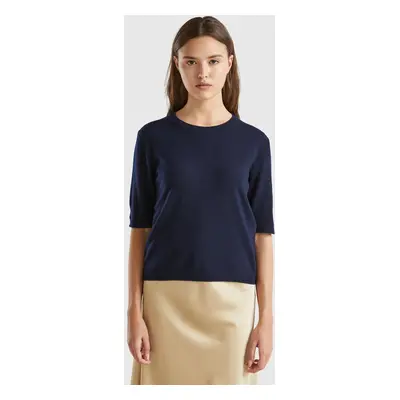 Benetton, Pull Bleu Nuit À Manches Courtes En Pure Laine Mérinos, size XS, Bleu Foncé, Femme