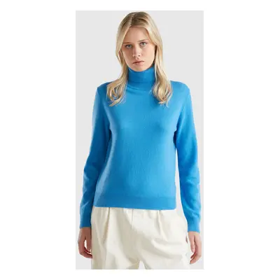 Benetton, Pull À Col Roulé Bleu En Pur Cachemire, size XS, Bleu Clair, Femme