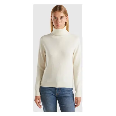 Benetton, Pull À Col Roulé Crème En Pur Cachemire, size XS, Crème, Femme