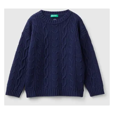 Benetton, Pull Tressé En Mélange De Laine, size 5-6, Bleu Foncé, Enfants