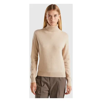 Benetton, Pull À Col Roulé Beige En Pur Cachemire, size XL, Beige, Femme