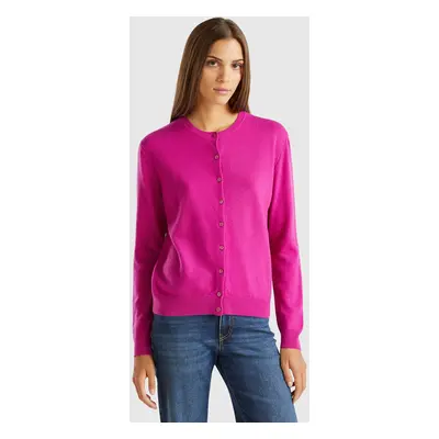 Benetton, Gilet Col Rond Fuchsia Cyclamen En Pure Laine Mérinos, size XS, Cyclamen, Femme