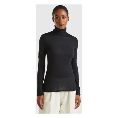 Benetton, Pull À Col Roulé En Mélange De Viscose Et Cachemire, size XXS, Noir, Femme