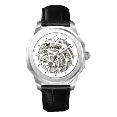 MONTRE NAPPEY SKELETON SILVER AND WHITE LEATHER BLACK