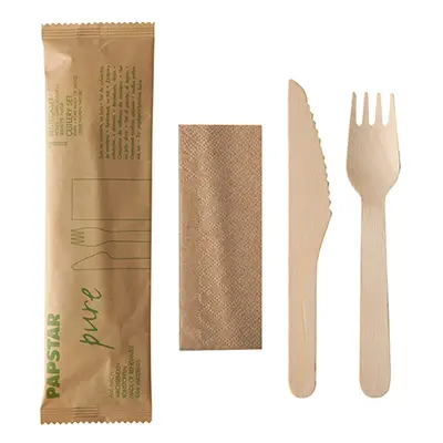 Set de couverts en bois "pur" nature : couteau, fourchette, serviette en sachet papier (Carton)