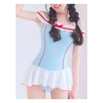 Mignonne Lolita Tenue Maillot de Bain Combinaison sans manches à volants en dentelle bleu ciel c