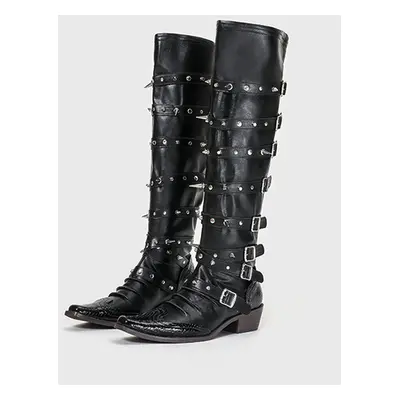 Bottes hautes au genou pour femmes bottes noires à bout pointu avec boucle cloutée et talon de c