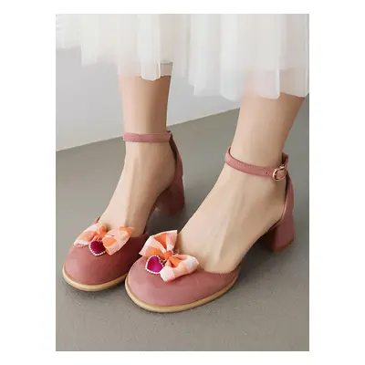 Sandales Mignonne Lolita nœuds bout rond en cuir PU chaussures d'été Lolita roses