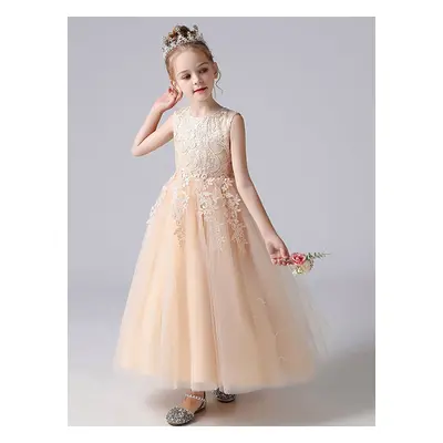 Robe de fille de fleur blanche en tulle col rond en dentelle longueur cheville robe cortège enfa