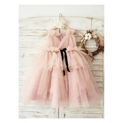 Robe de fille de fleur cameo rose en tulle zip sur dos robe cortège enfant robe cérémonie fille