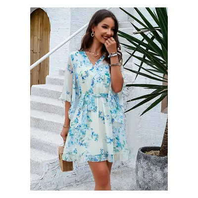 Robe florale col en V ceinturée robes mi-longues décontractées quotidiennes pour le printemps et