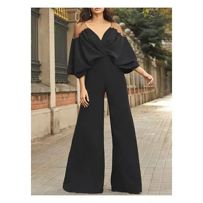 Combinaison de soirée noir col V manche bouffant en stretch crêpe Tenue de soirée femme