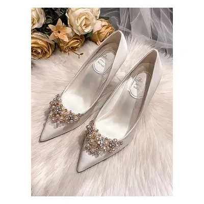 Chaussures De Mariage Perle Pour Femmes Satin Blanc Bout Pointu Strass Talon Haut Chaussures De 