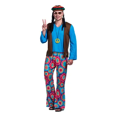 Costume bleu Hippies Polyester imprimé floral manches longues Costumes rétro pour homme Ensemble