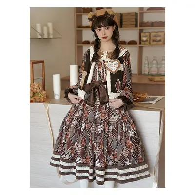 ROCOCO Style Lolita tenues café marron imprimé fleuri nœuds volants manches longues robe haut