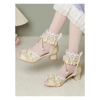 Sandales Lolita Style Rococo Beige Arcs Perles Bout Découpé Lolita Chaussures D'été