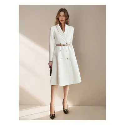 Robes Blazer Col Rabattu Ceinture Manches Longues Femmes Robe Midi