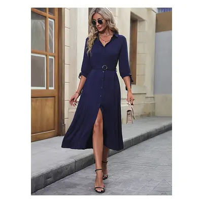 Robes Chemises Fendue Bleu Marine Foncé Col Rabattu Ceinture Manches Longues