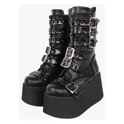 Bottes Lolita Gothiques Cuir PU Œillets Bicolores Bout Rond Chaussures Lolita Noires