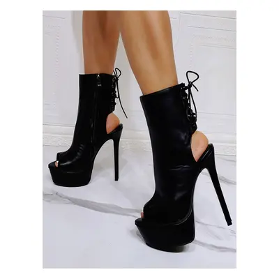 Femmes Sexy Sandales En Cuir PU Noir Bout Ouvert Talon Aiguille Sexy Bottines À Talons Hauts