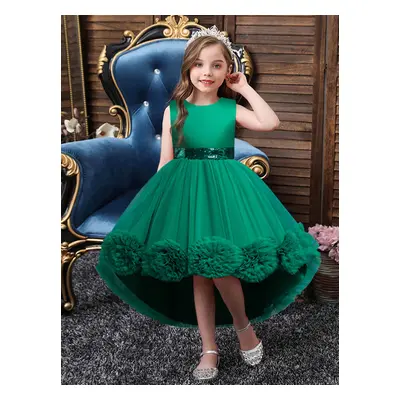 Robe fille de fleur asymétrique en tulle col rond noeud sur dos robe cortège enfant