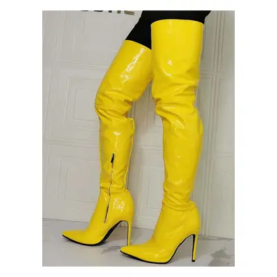 Femmes Plus La Taille Talon Aiguille Au-dessus Du Genou Bottes Brevet PU Haut Jaune Cuisse Botte