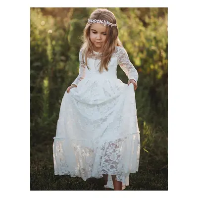 Robe de fille de fleur ivoire en dentelle col rond manche longue robe cortège enfant