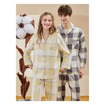 Tenues De Maison Pyjama Col Rabattu Manches Longues Plaid Coton