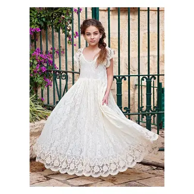 Robe fille de fleur bohémienne ivoire en dentelle noeud sur dos robe cortège enfant