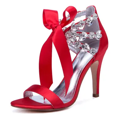 Chaussures de mariage en satin rouge strass bout ouvert lacets chaussures de mariée sandales à t