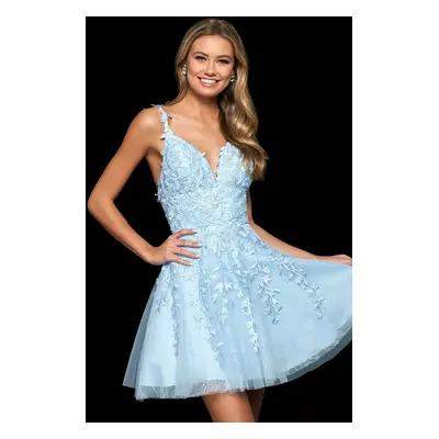 Robe de soirée 2025 sans manches courte A-ligne col en V dentelle polyester bleu clair robe de s