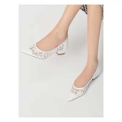 Chaussures de Mariée Transparentes Mariage Femme Bout Pointu en Dentelle Talon Bas