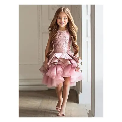 Robes cortège enfant col rond en dentelle longueur au genou Robe fille de fleur