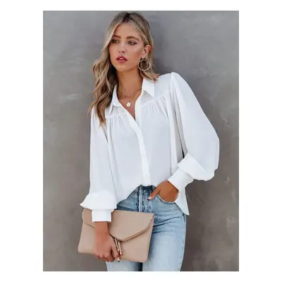 Chemisier Blouse Court Femme avec Manches Longues à Col Revers Unicolore