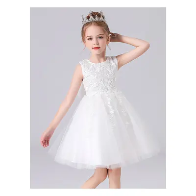 Robe de fille de fleur rose en tulle col rond en dentelle longueur au sol robe cortège enfant