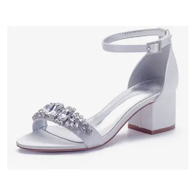 Chaussures de mariage blanc satin strass bout pointu avec boucle cheville Chunky talon chaussure