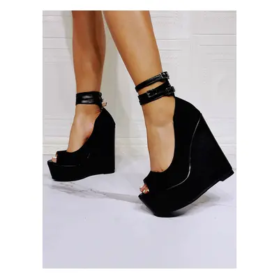 Sandales compensées noires Peep Toe Wedge Heel Micro Suede Upper Ankle Strap Heel Sandals