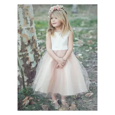 Robes cortège enfant champagne en dentelle col rond zip sur dos Robe fille de fleur